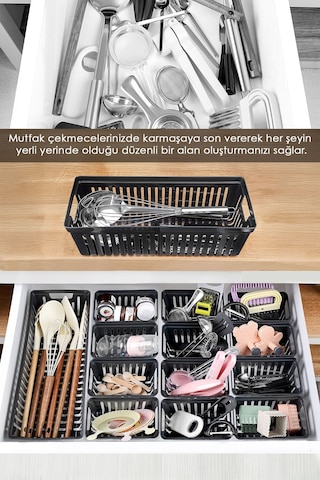 14 Parça Modüler Kaşıklık Seti - Çok Amaçlı Çekmece İçi Düzenleyici Mutfak Organizer Kepçelik Siyah