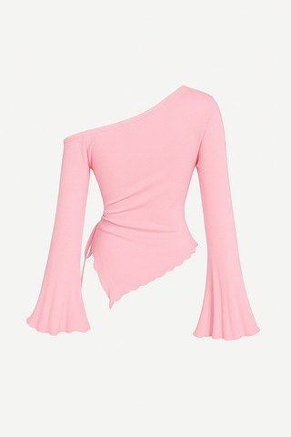 Meren Like Your Style Pembe Uzun Kollu Asimetrik Yaka Drapeli Yan Bağlamalı Bahar Sonbahar Bluz Üst Pembe