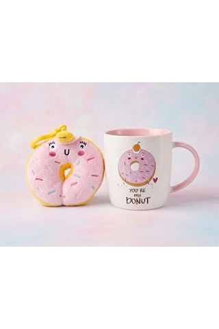 Donut Peluş Anahtarlıklı Kupa 360 Ml Pembe2