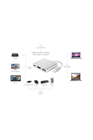 Type-c 3in1 Hdmı 4k Usb 3.0 Görüntü Veri Aktarımı Usb Adaptör Notebook Ve Apple Uyumlu MacBook İle