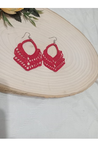 Golden Takış Modern El İşi Örgü Küpe Kırmızı