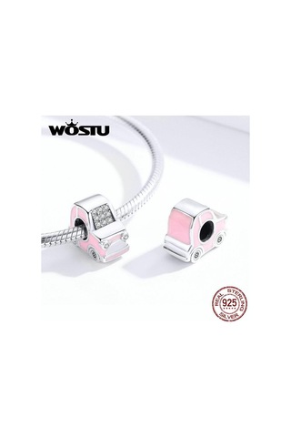 Wostu Güzel 100% 925 Ayar Gümüş Pembe Araba Boncuk Zirkonya Charm Fit Orijinal Bilezik Kolye Pembe