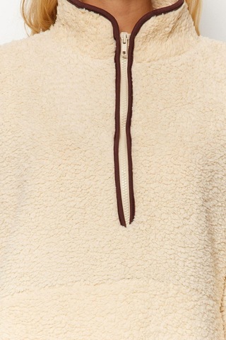Ersefa Tarz Regular Dik Yaka Düşük Kol Regular Peluş Örme Spor Sweatshir Ekru