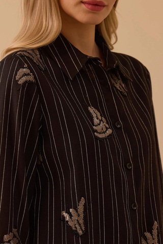 Seçil Kadın Çizgili İşlemeli Motif Detaylı Uzun Tunik 1048 Siyah