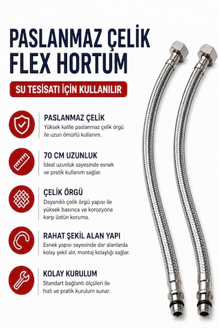 70 Cm Paslanmaz Çelik Örgülü Flex Hortum 3/8 Su Bağlantı Hortumu Batarya Ve Klozet Uyumlu