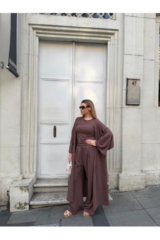 Bonacosa Kadın Viskon 3 Lü Takım Kimono + Beli Lastikli Salaş Pantolon + Kısa Kol Tshirt 8 Renk Kahverengi