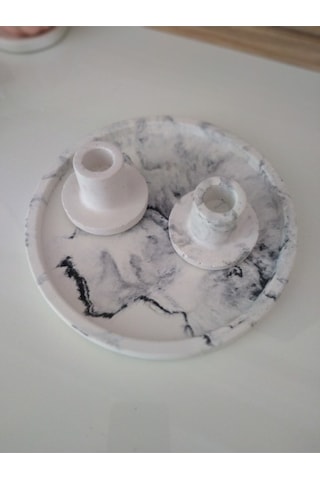 Marble Serisi Beton Tepsi Ve 2'li Mumluk,taki Tabağı,tütsülük Gri