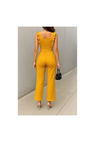 DefyModa Kadın Tasarım Tül Kumaş Kare Yaka Kuşaklı Tulum Sarı