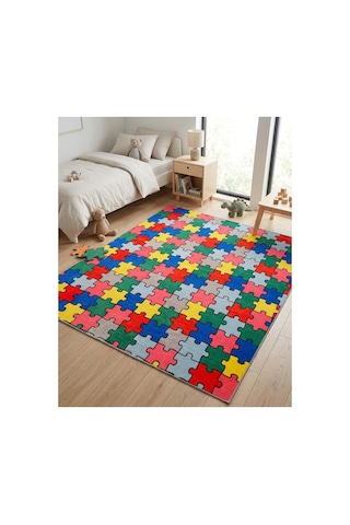 Renkli Puzzle Desenli Çocuk Odası Halısı Kaymaz Taban Eğlenceli Oyun Halısı Çok Renkli