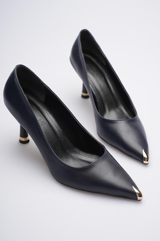 Esatsani Lacivert Deri Sivri Burun 8 Cm Topuklu Gold Burunluk Detaylı More Stiletto Kadın Ayakkabı Lacivert Deri
