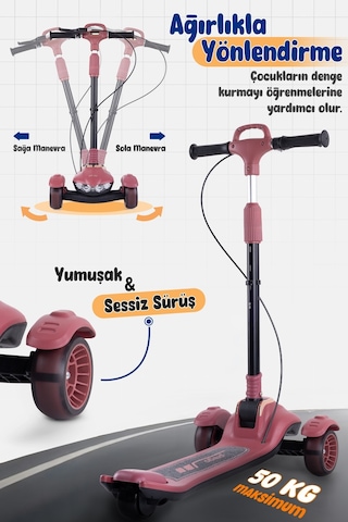 Prego Veyron Bluetoothlu Müzikli Işıklı Çocuk Scooter Katlanabilir - Yükseklik Ayarlı Bordo