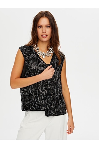 Boncuk Ve Payet Detaylı Şık Yelek W26ylk001 Uw26ylk00110 Siyah