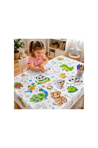 Yıkanabilir Boyama Masa Örtüsü 100 X 150 Cm Silinebilir, Tekrar Kullanılabilir Hayvan Desenli Çocuk Etkinlik Örtüsü Beyaz