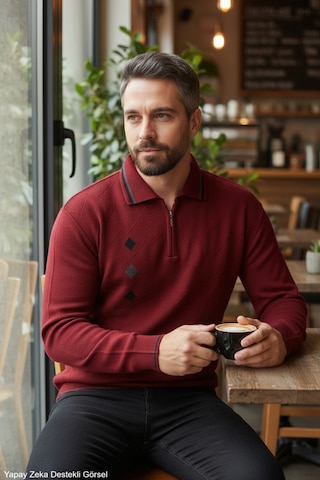 Kamalı Erkek Bordo Tüylenme Yapmayan Standart Fit Normal Kesim Nakış Desen Polo Yaka Triko Kazak