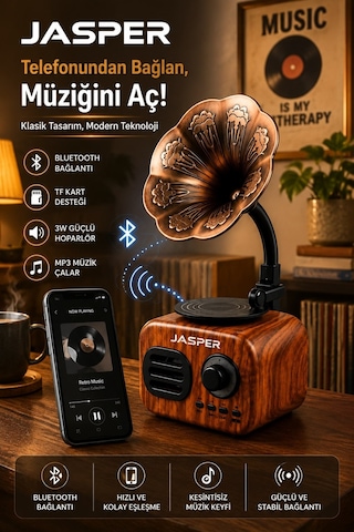 Jasper Jpr-1513 Nostalji Gramofon Bluetooth Hoparlör Kablosuz Taşınabilir Ses Tasarımlı Bombası Extra Bass