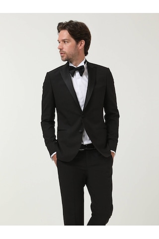 Kip Siyah Desenli Slim Fit Kruvaze Yaka Dokuma Smokin Takım Elbise 001