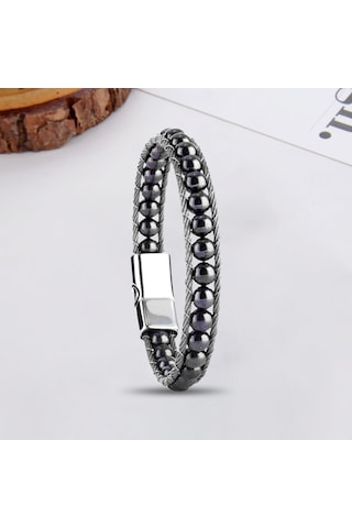 Fm Hematit Doğaltaş Ve Çelik Halat Örme Bileklik 31832b2dh2 Siyah