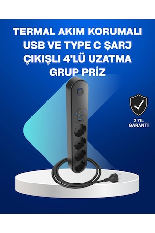 Mey İthalat Akıllı Akım Dengelemeli 4 Lü Çoklu Priz Type-c Ve Usb Çıkışlı 0-2