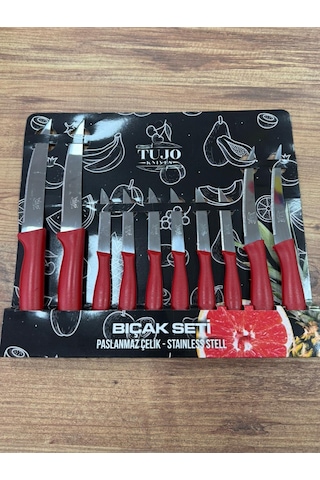 10 Lu Lazer Kesim Tırtıklı Bıçak Seti, 2 Adet Ekmek Bıçağı, 2 Adet Sebze Bıçağı, 6 Adet Meyve Bıçağı Kırmızı