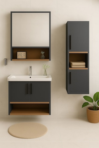 Dmz Home Concept Legna 80 Cm Antrasit-ahşap Renkli, Tamamı MDF, Seramik Lavabolu, Alt - Üst Ve Boy Dolaplı Tamamı Mdf, Banyo Dolabı Seti