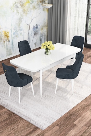 Familieconcept Zümra Serisi, Beyaz 80x132 Açılabilir Mdf Mutfak Masası Takımı 4 Adet Sandalye Antrasit