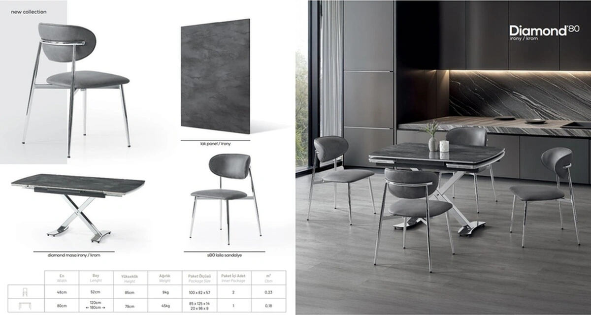 Dengema Diamond Açılır Masa Takımı Siyah Mermer - Krom Ayak 4 Sandalyeli, 80 X 120 / 180 Cm Siyah Mermer - Krom Ayak