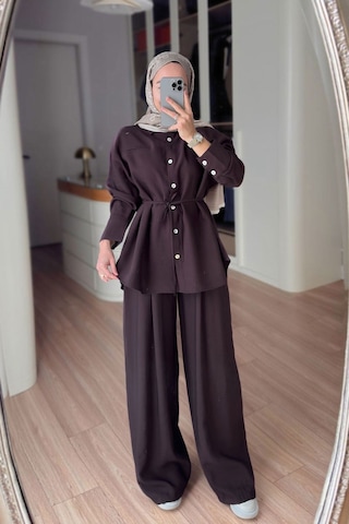 Ka Hijab Bağcıklı Bluz Pantolon Takım - Kahverengi