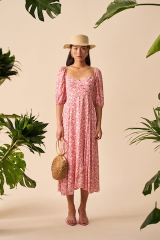 Düğme Detaylı Midi Elbise Beyaz