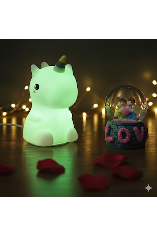 2 Li Sevgiliye Romantik Hediye Seti Unicorn Çok Renkli Led Gece Lambası Ve 9 Cm Love Kar Küresi Seti Set