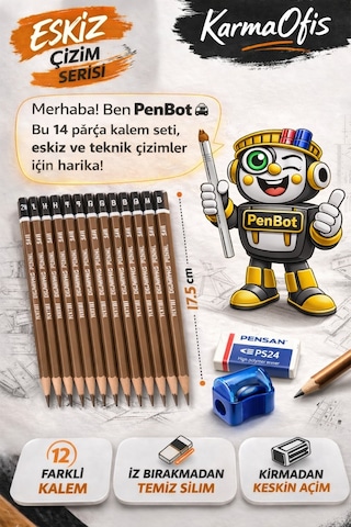 14 Parça Eskiz Teknik Çizim Kalem Seti 2h-4b + Silgi + Hazneli Kalemtıraş