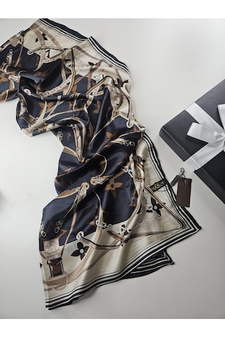 Miorel Scarfs Yeni Sezon Lv Kemer Desen Vual İpek Şal Yeni Sezon Silk Scarfs Shawl Hijab Fular Bej - Antrasit