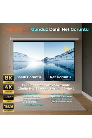 Groove Vizio Pro 180x180cm Blackout Işık Geçirmez Elektrikli Otomatik Kumandalı Projeksiyon Perdesi +motorlu+canlı Renkler+göz Koruması+leke Tutmaz Projector