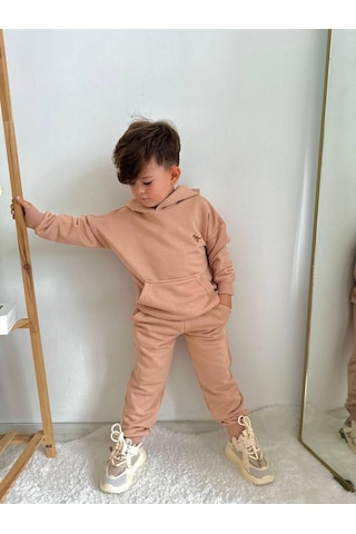 Jolly Kids Erkek Çocuk Dino Nakışlı Kanguru Cepli Kapüşonlu Takım Somon
