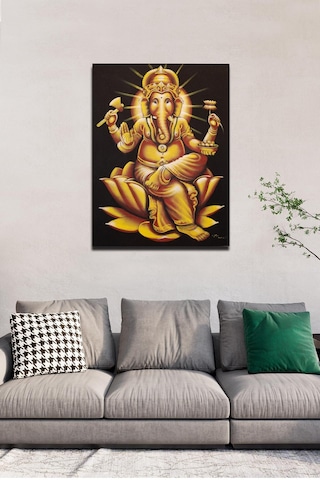 Altın Ganesh Figürü Lotus Çiçeği Üzerinde Tuval Tablo-116