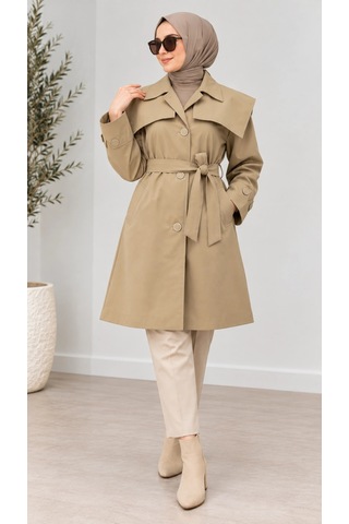 Nevayla Moda Kuşaklı Düğmeli Mevsimlik Trençkot - Camel / M0118