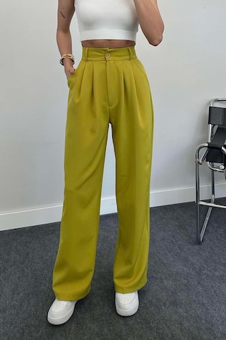 Trend Alisse Alisse Pileli Kumaş Palazzo Kadın Pantolon Yağ Yeşili
