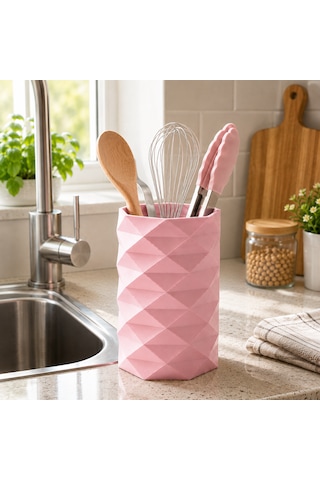 Geometrik Tasarımlı Mutfak Kaşıklığı Organizeri 10 Cm Çap Geniş İç Hacimli Tezgah Üstü Kaşıklık Açık Pembe