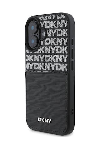 Apple Uyumlu iPhone 16 Kılıf Dkny Lisanslı Kartlıklı 3d Yazılı Repeat Texture Pattern Kapak Siyah