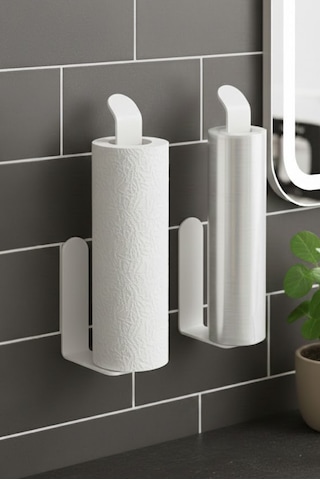 Yapışkanlı Duvar Tipi Metal Havluluk Modern Kağıt Havlu Tutucu - Havlu Askısı Beyaz