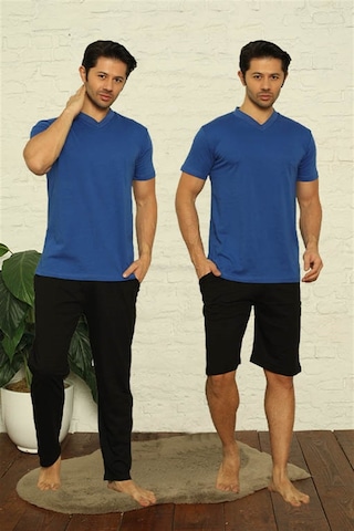 Akbeniz Erkek Sax V Yaka 3'Lü Pijama Takım 6822-Saks Saks Mavisi