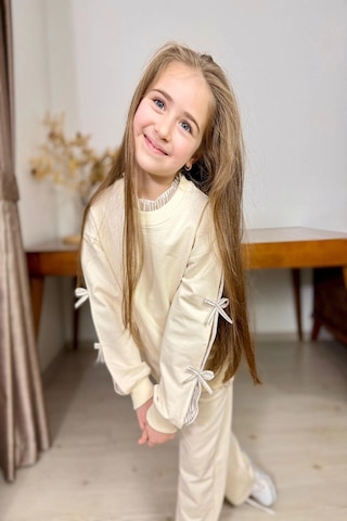 Koçak Kids Gömlek Desenli Krem Rengi Kız Çocuk Takım Krem