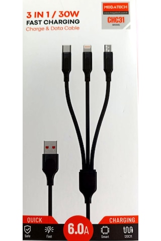 Megatech CHC31 Micro Type-C Lightining Çoklu Hızlı Şarj Kablosu 120 CM