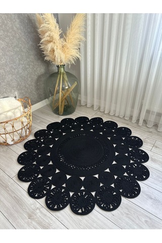 Natura El Dokuma Jüt Bohem Tarz Otantik Salon Oturma Odası Koridor Natural Halı Pamuklu Halı Siyah