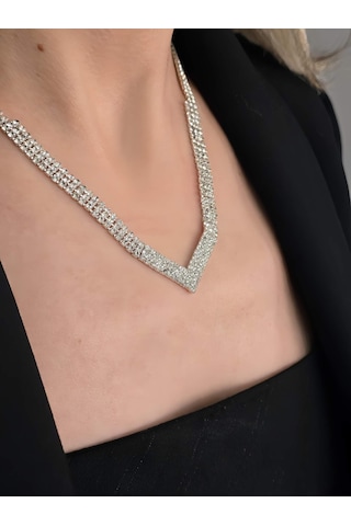 Eva Takı Store Kristal Taşlı Su Yolu Model Yılbaşı - Abiye - Düğün -event Kolye Küpe Set Silver Gümüş