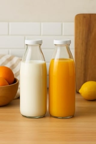 2 Adet Beyaz Plastik Kapaklı 1 Litre Şeffaf Sürahi Süt, Ayran, Su, Limonata Meşrubat Şişesi Cam Şişe