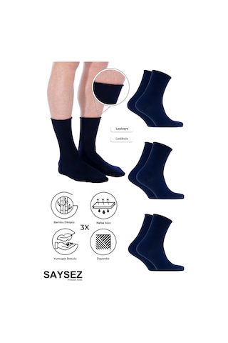 Saysez Bambu Erkek Lastiksiz Lacivert Soket Dikişsiz Premium Çorap 3'lü Paket / İz Bırakmaz /sıkmayan Çorap Lacivert