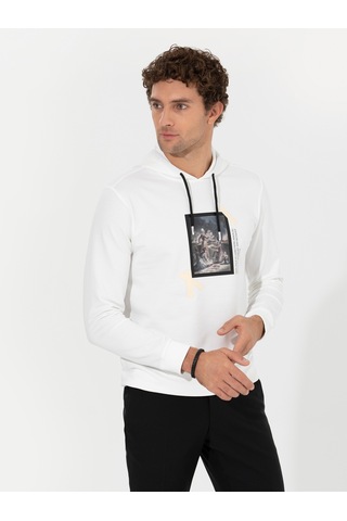 Beyaz Pamuk Karışımlı Kapüşonlu Baskılı Sweatshirt
