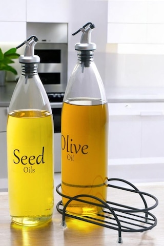 Digithome Aura 2'li Siyah Metal Standlı Yağdanlık Seti Şeffaf Etiketli Cam Yağlık 1000 Ml Cys-17 Siyah