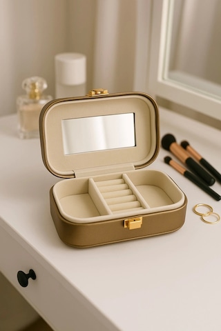 Deri Mini Seyahat Takı Bijuteri Mücevher Kutusu Organizer Düzenleyici 15cm Bronz İthal Ürün