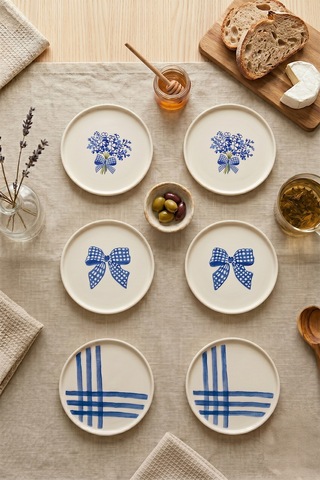 Blue Gift 6 Lı Seramik Pasta Tabağı 20 Cm Mavi Desenli 6 Kişilik Tatlı Sunum Servis Tabak Seti Beyaz